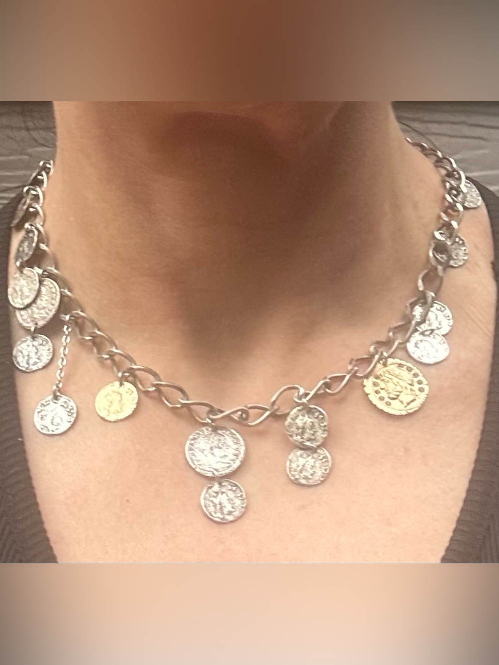 NWOT Silver & Gold Coin Charm Chain Necklace